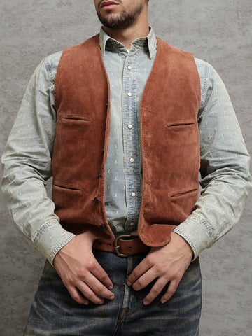 Men's Corduroy V-neck Vest, Terracotta