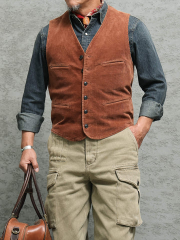 Men's Corduroy V-neck Vest, Terracotta