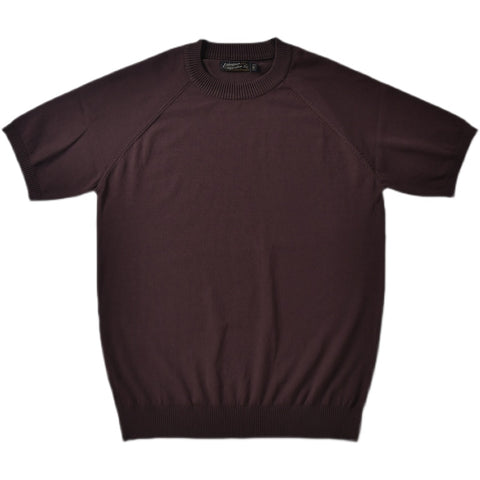 A brown crew neck knitted T-shirt with short sleeves.