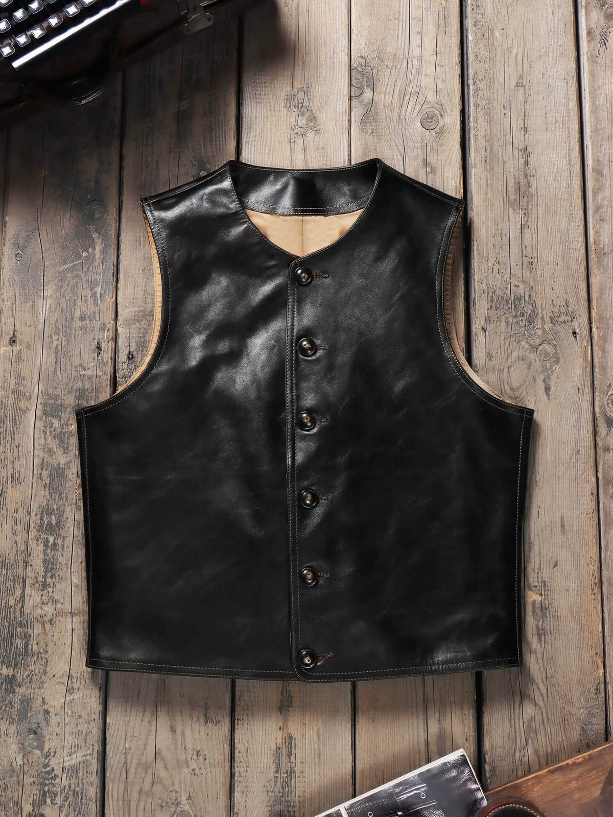 Men's Crew Neck Leather Vest, Teacore Horsehide