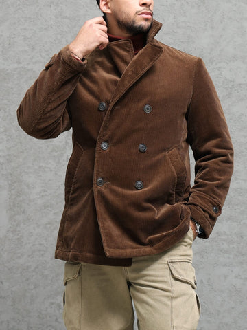 Men's Double Breasted Corduroy Pea Coat, Brown