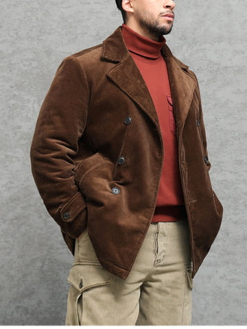 Men's Double Breasted Corduroy Pea Coat, Brown