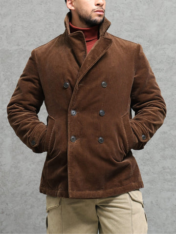 Men's Double Breasted Corduroy Pea Coat, Brown