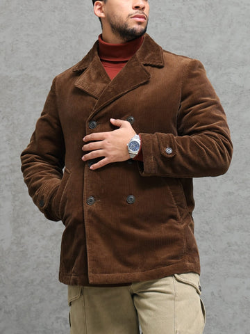 Men's Double Breasted Corduroy Pea Coat, Brown