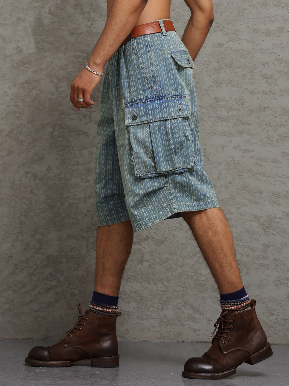 Men's Diamond Jacquard Relaxed-Fit Denim Shorts