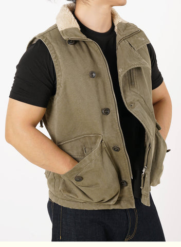 Men's Distressed Canvas Biker Vest, Faux Fur Lining