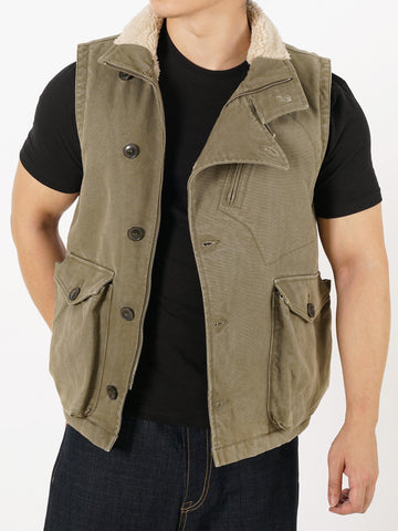 Men's Distressed Canvas Biker Vest, Faux Fur Lining
