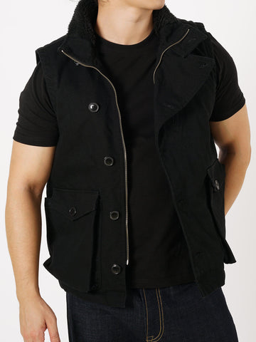 Men's Distressed Canvas Biker Vest, Faux Fur Lining