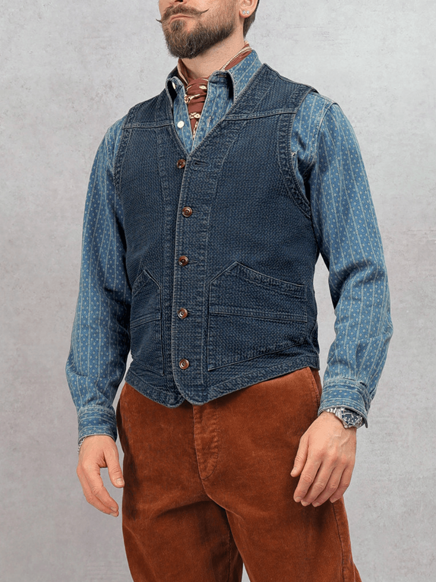 Men's Distressed Honeycomb Denim V-neck Vest