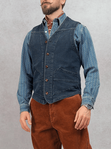 Men's Distressed Honeycomb Denim V-neck Vest