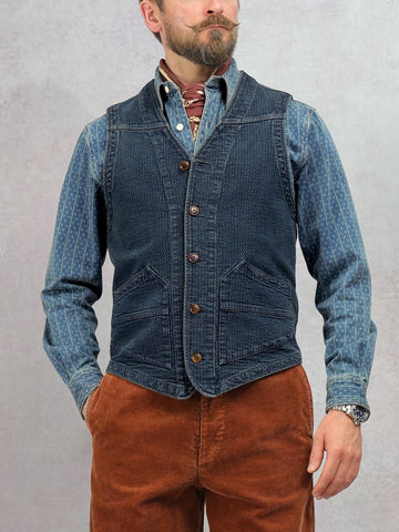 Men's Distressed Honeycomb Denim V-neck Vest