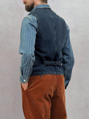 Men's Distressed Honeycomb Denim V-neck Vest