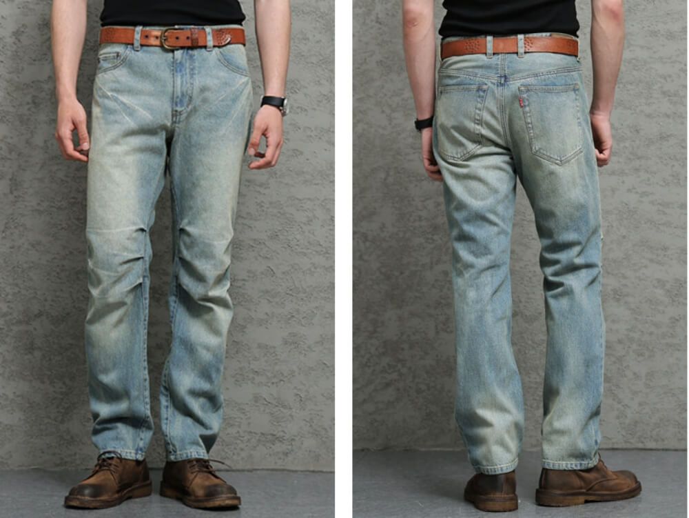 Men's Distressed Whiskers Jeans, Washed Blue