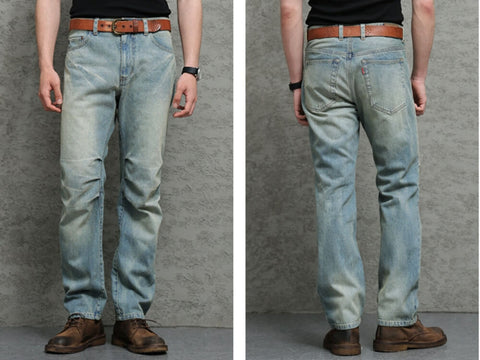 Men's Distressed Whiskers Jeans, Washed Blue