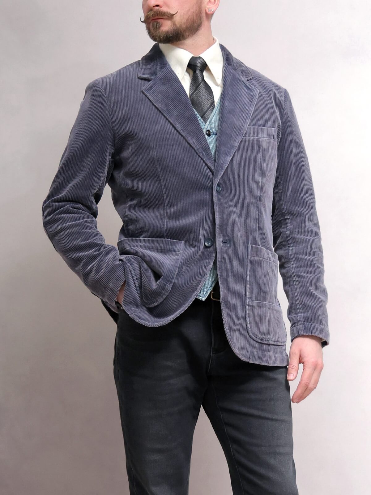 Men's Distressed Navy Corduroy Suit Jacket