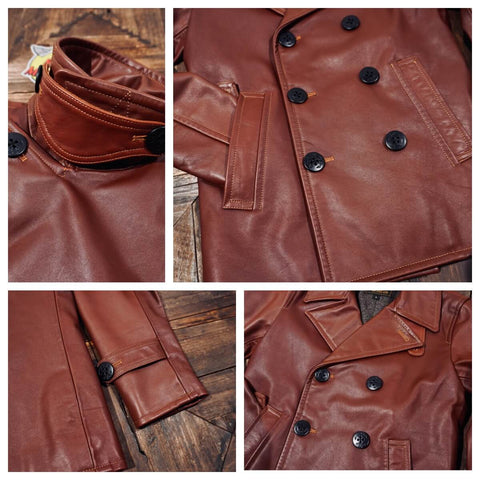 Men's Double-breasted Navy Pea Coat, Cowhide