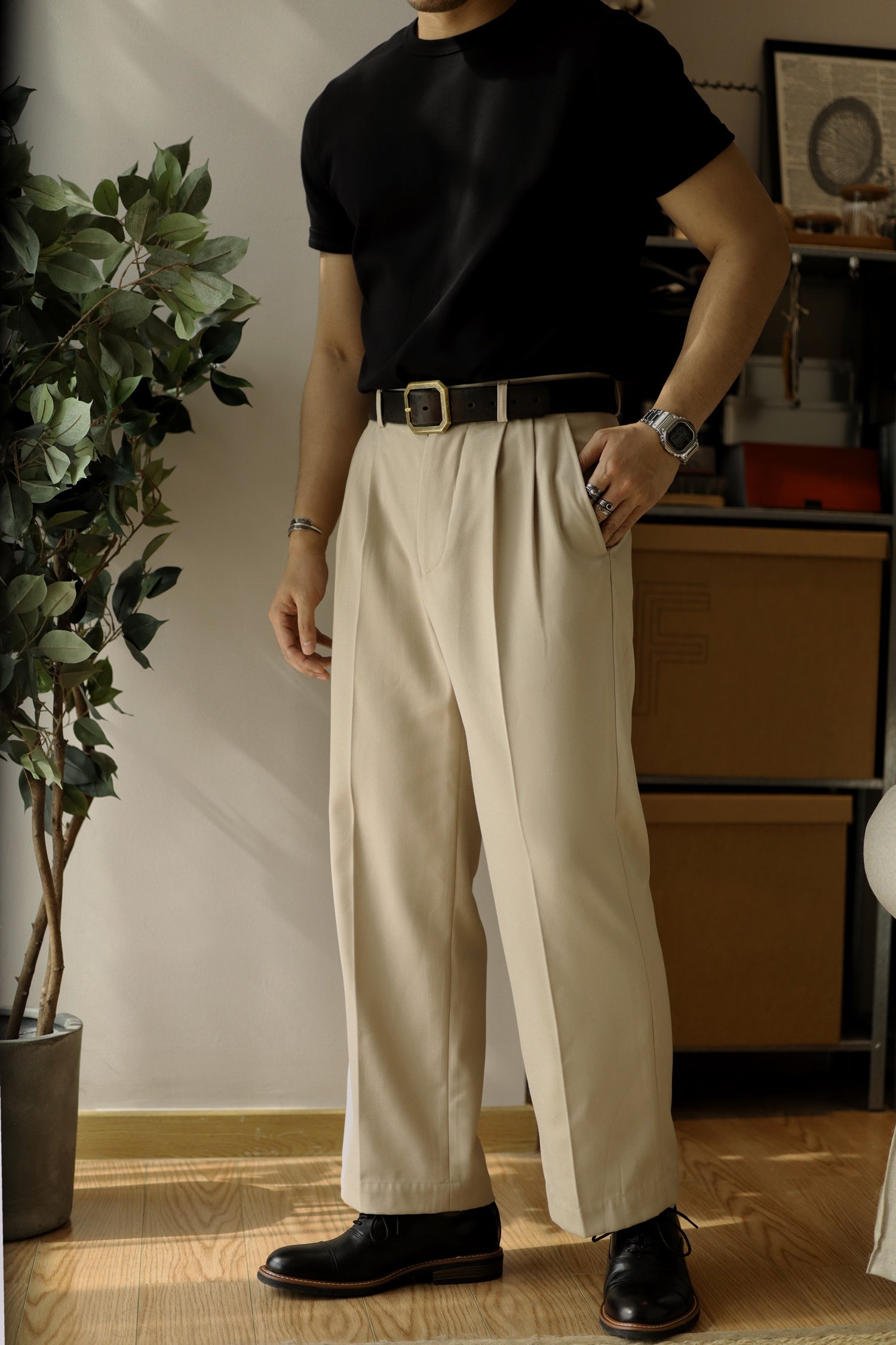 Men's Double Pleated Wide Leg Pants 30 / Black Men's Double Pleated Wide Leg Pants 30 / Black
