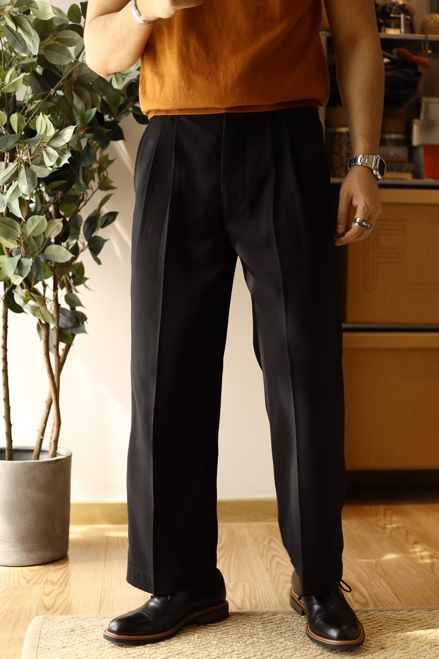 Men's Double Pleated Wide Leg Pants 30 / Black Men's Double Pleated Wide Leg Pants 30 / Black