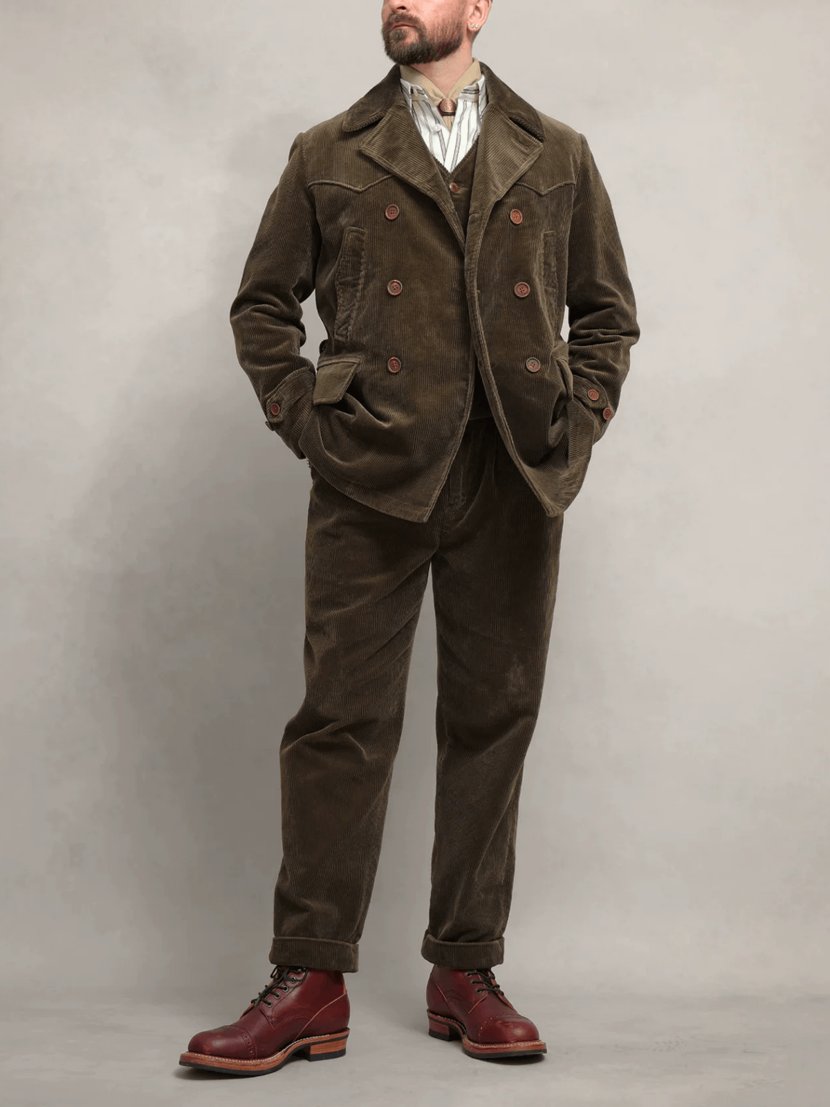 Men's Double Breasted Corduroy Pea Coat, Olive
