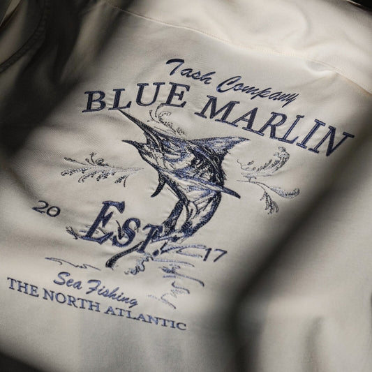 Men's Blue Marlin Embroidery Camp Collar Shirt