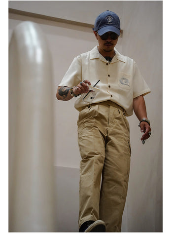 メンズ ブルー マーリン 刺繍 キャンプカラー シャツ