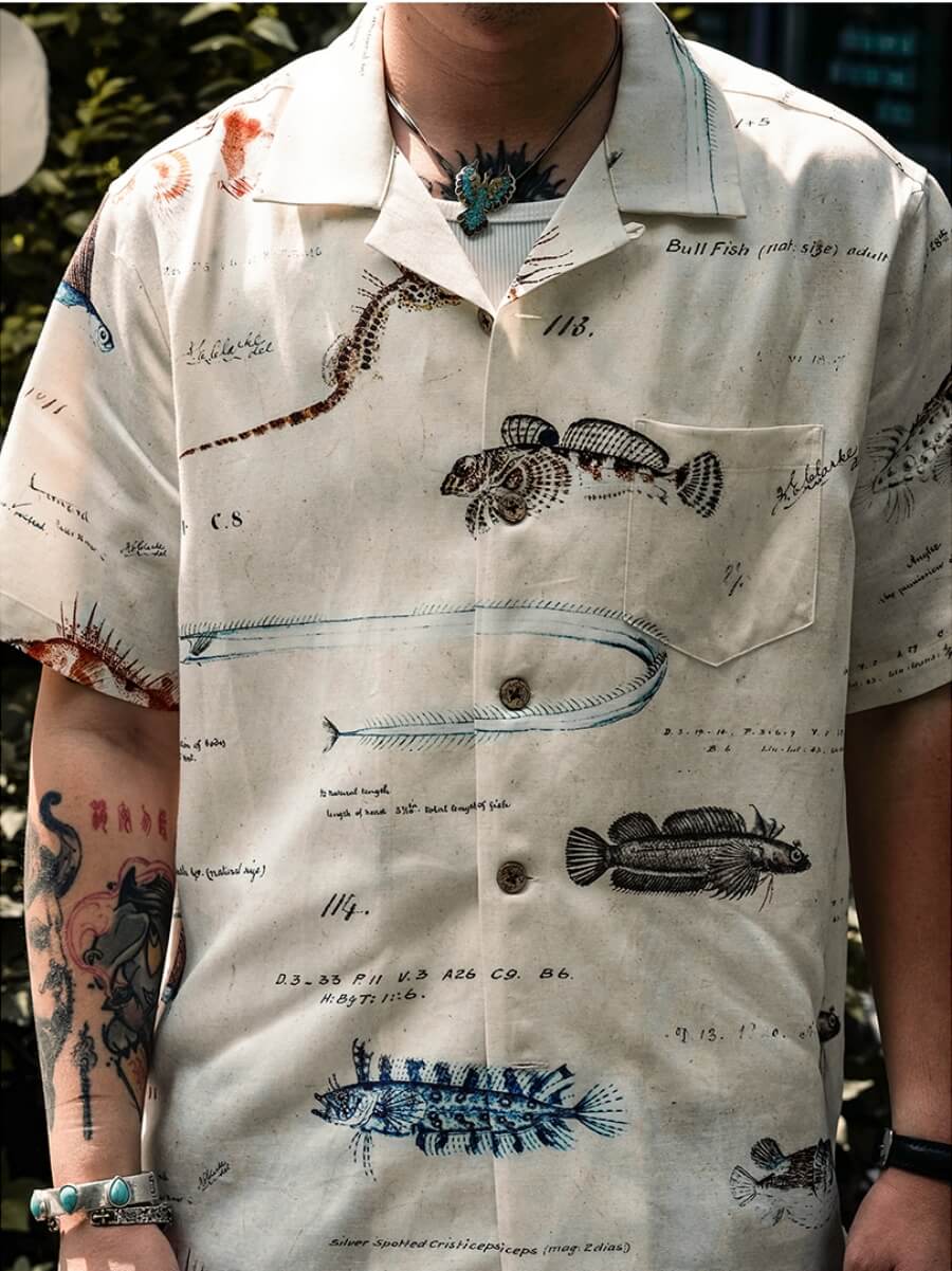 Men's Fish Print Linen Hawaiian Shirt, Short Sleeves