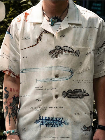 Men's Fish Print Linen Hawaiian Shirt, Short Sleeves