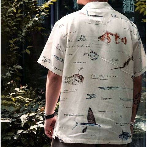 Men's Fish Print Linen Hawaiian Shirt, Short Sleeves
