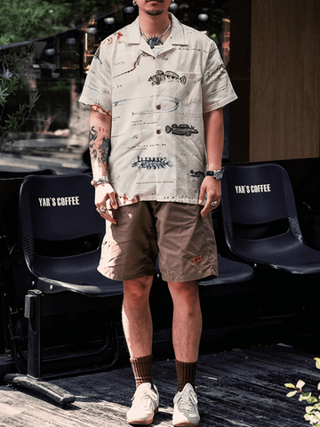 Men's Fish Print Linen Hawaiian Shirt, Short Sleeves