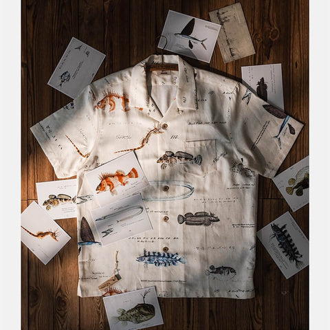 Men's Fish Print Linen Hawaiian Shirt, Short Sleeves