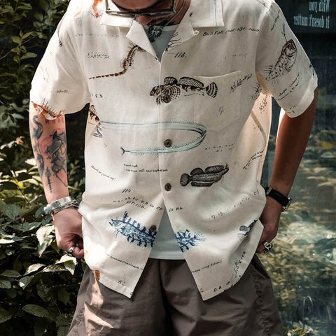 Men's Fish Print Linen Hawaiian Shirt, Short Sleeves