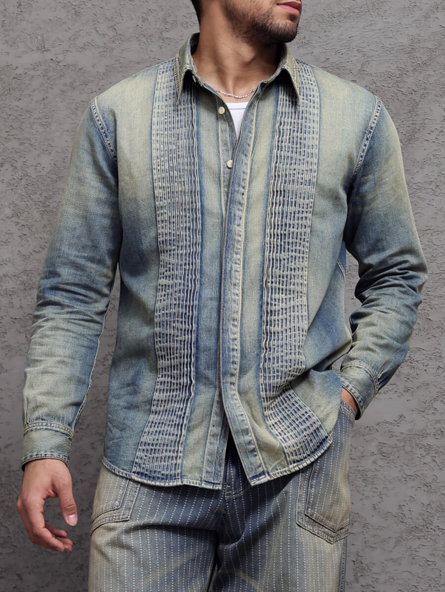 Men's Distressed French Pin-Tuck Denim Shirt