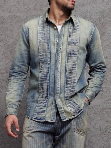 Men's Distressed French Pin-Tuck Denim Shirt