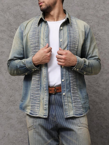 Men's Distressed French Pin-Tuck Denim Shirt