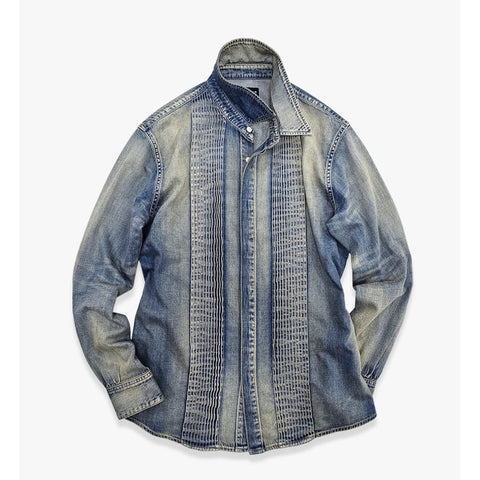 Men's Distressed French Pin-Tuck Denim Shirt