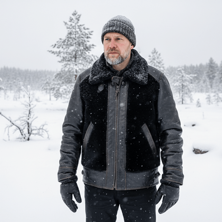 Man wearing a winter coat and hat standing in a snowy landscape with trees.