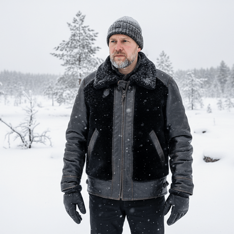 Man wearing a winter coat and hat standing in a snowy landscape with trees.