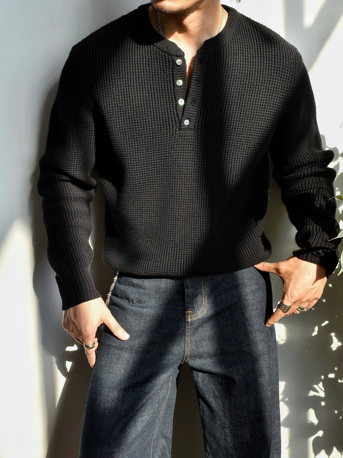 Men's Waffle Knit Cotton Henley Sweater
