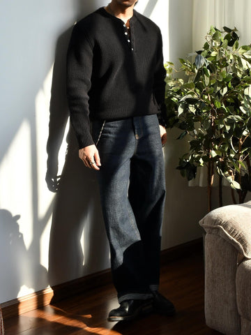 Men's Waffle Knit Cotton Henley Sweater