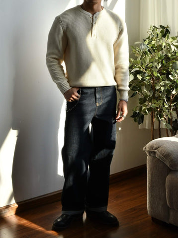 Men's Waffle Knit Cotton Henley Sweater