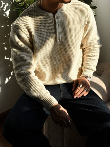 Men's Waffle Knit Cotton Henley Sweater