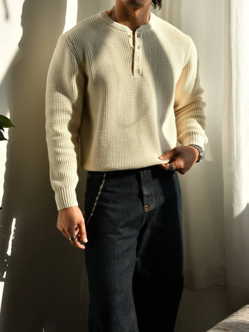 Men's Waffle Knit Cotton Henley Sweater