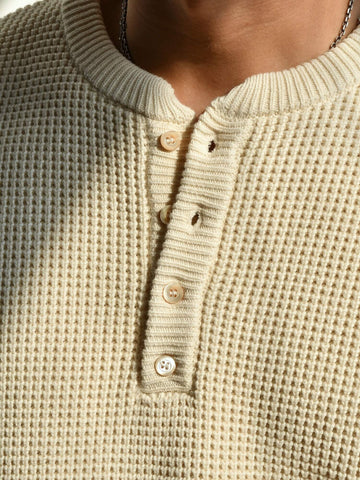 Men's Waffle Knit Cotton Henley Sweater