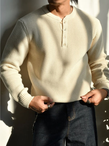 Men's Waffle Knit Cotton Henley Sweater