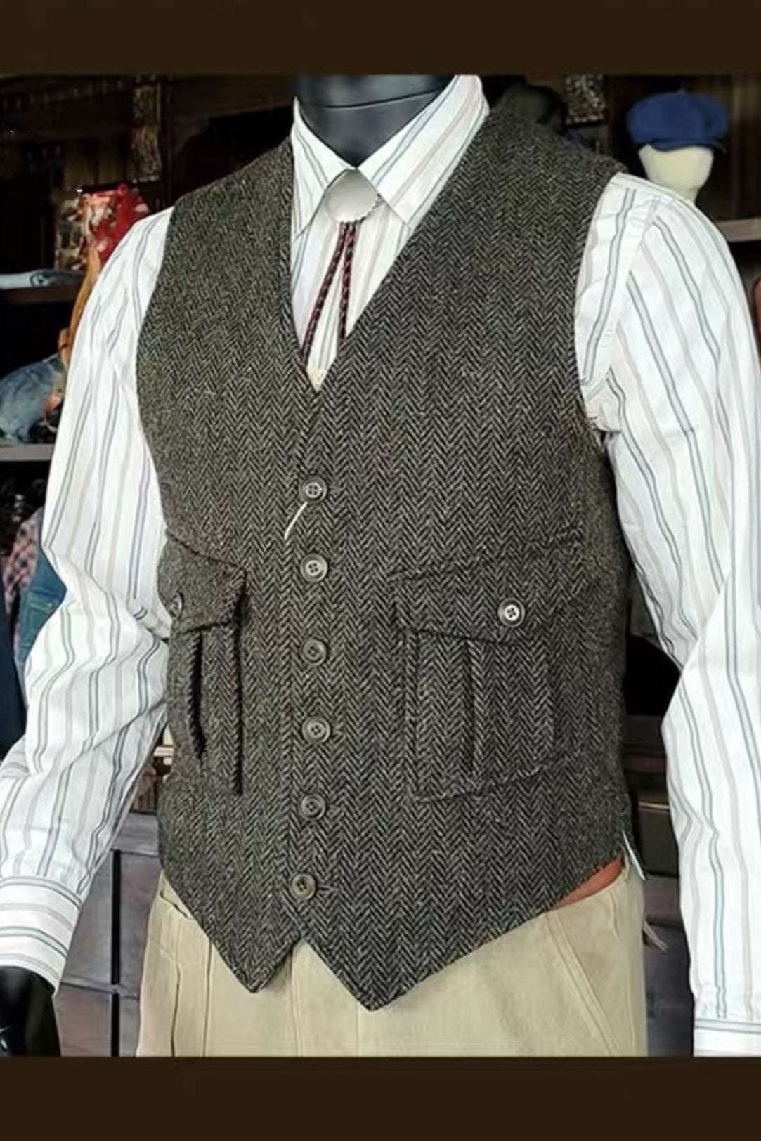 Gilet en tweed à chevrons vert pour homme