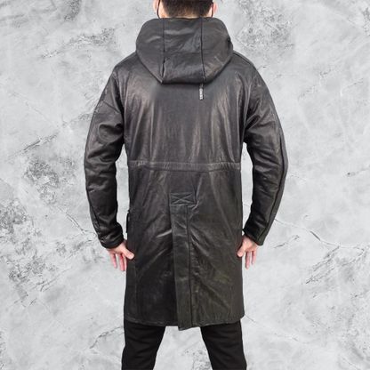 Men's Mid Length Hooded Leather Coat