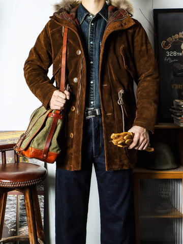 Men's Hooded Brown Suede Parka