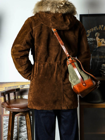 Men's Hooded Brown Suede Parka