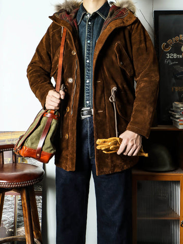 Men's Hooded Brown Suede Parka