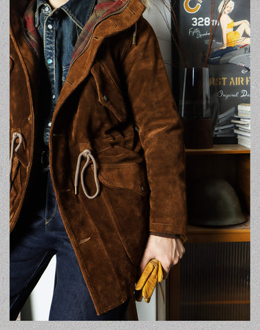 Men's Hooded Brown Suede Parka